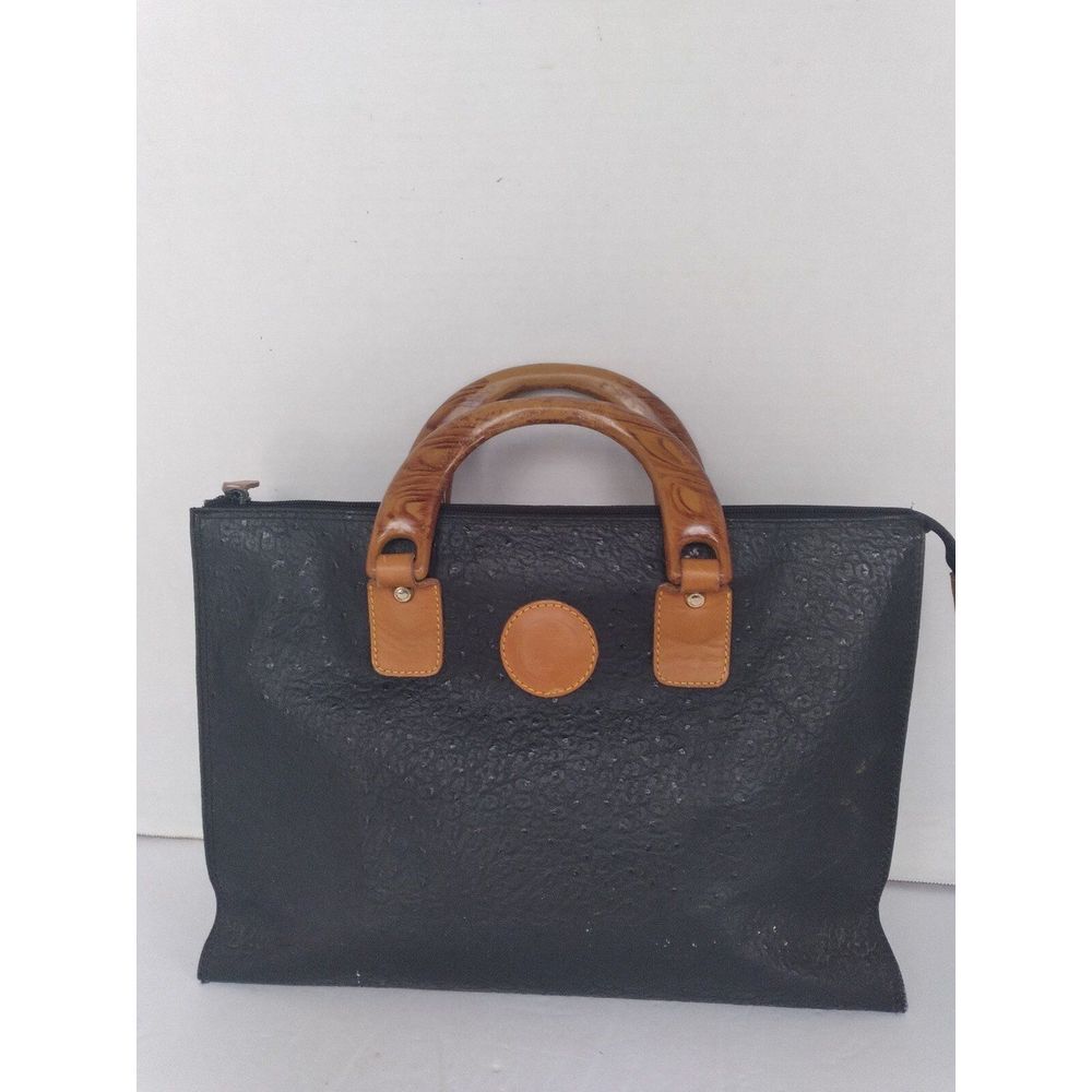 Classic Black Textured Tote Bag with‎ Tan Leather Handles and Accent Detail